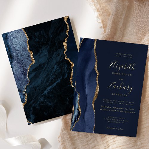 Modern Agate Navy Blue Gold Wedding Foil Invitation