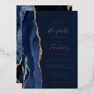 Modern Agate Navy Blue Gold Wedding Foil Invitation
