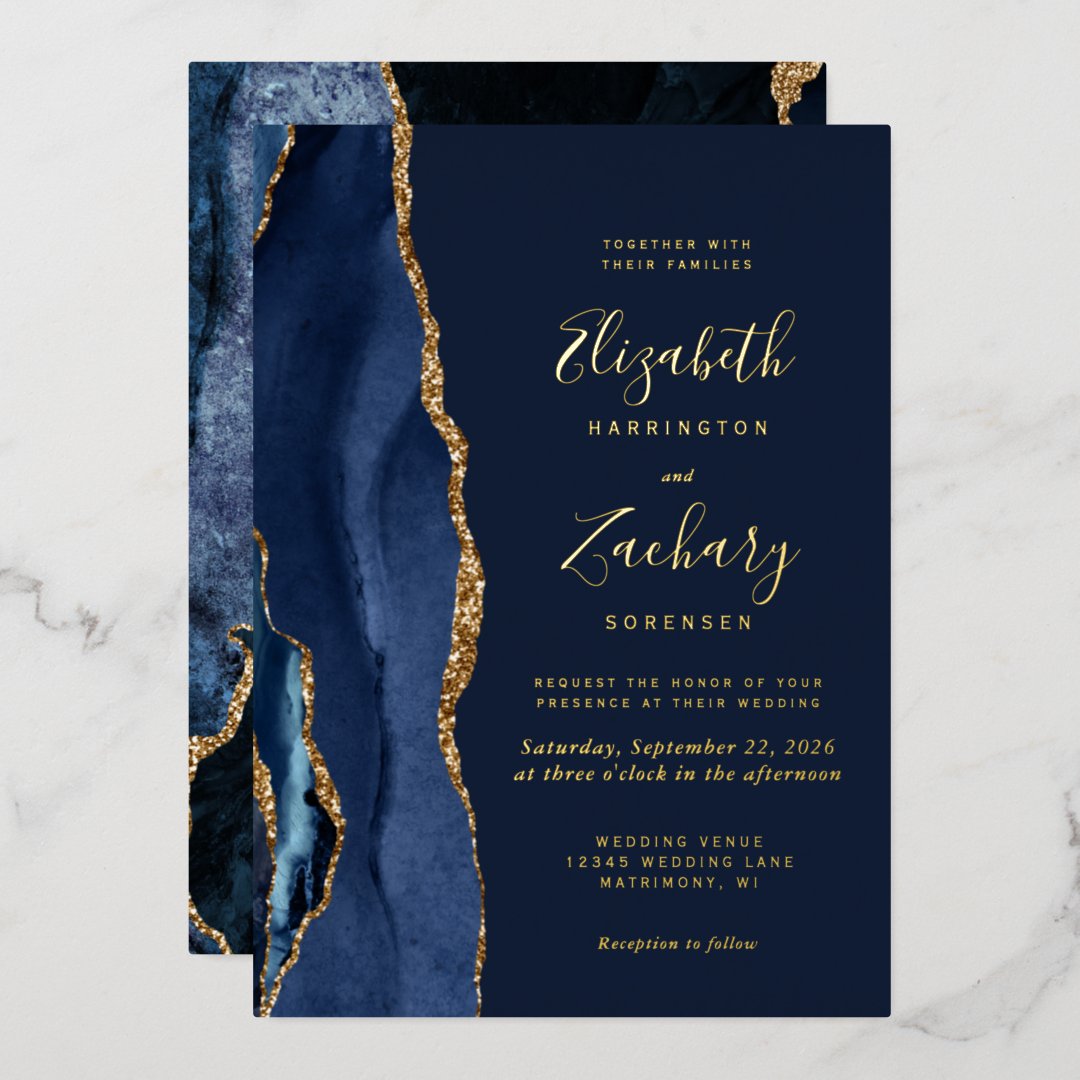 Modern Agate Navy Blue Gold Wedding Foil Invitation | Zazzle