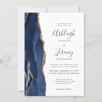 Modern Agate Navy Blue Gold Wedding Invitation | Zazzle