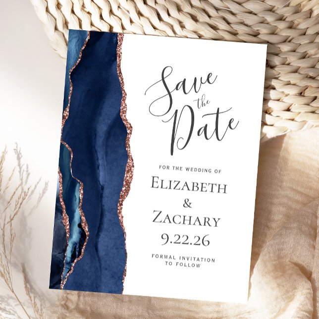 Modern Agate Navy Blue Rose Gold Save the Date Announcement Postcard (Creator Uploaded)