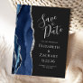 Modern Agate Navy Blue Silver Dark Save the Date Announcement Postcard