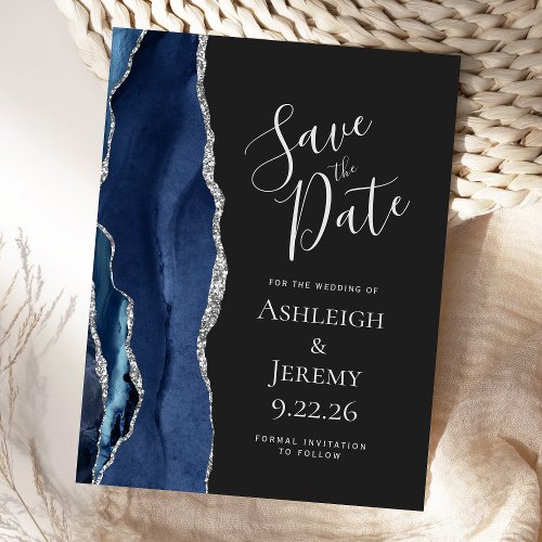 Modern Agate Navy Blue Silver Dark Save the Date Postcard