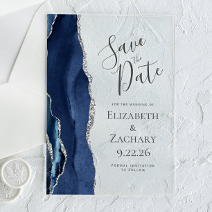 Modern Agate Navy Blue Silver Save the Date