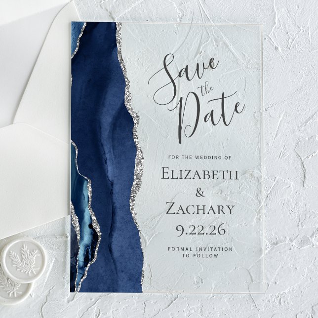 Modern Agate Navy Blue Silver Save the Date (Creator Uploaded)