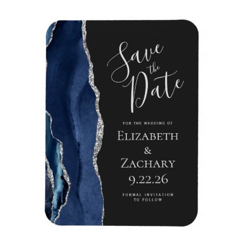 Modern Agate Navy Blue Silver Save the Date Magnet