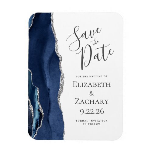 Modern Agate Navy Blue Silver Save the Date Magnet