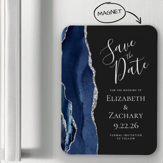 Modern Agate Navy Blue Silver Save the Date Magnet (Creator Uploaded)