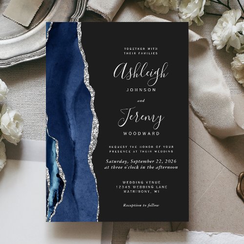 Modern Agate  Navy Blue Silver Wedding Invitation