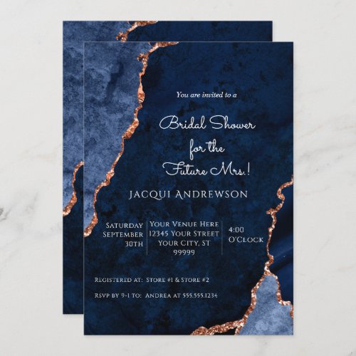 Modern Agate Navy Dusty Blue Rose Gold Bridal Invi Invitation