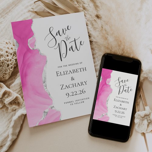 Modern Agate Pink Silver Save the Date Card