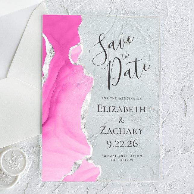 Modern Agate Pink Silver Wedding Save the Date (Creator Uploaded)