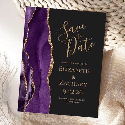 Modern Agate Purple Gold Dark Save the Date Announcement Postcard