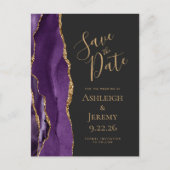 Modern Agate Purple Gold Dark Save the Date Postcard (Front)