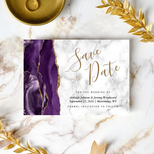 Modern Agate Purple Gold Marble Save the Date Card