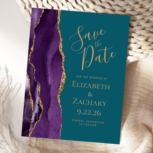 Modern Agate Purple Gold Teal Save the Date Announcement Postcard