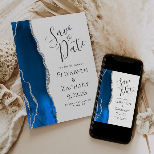 Modern Agate Royal Blue Silver Save the Date Card