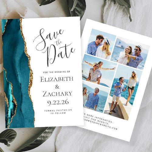 Modern Agate Teal Blue Gold 5_Photo Save the Date Invitation