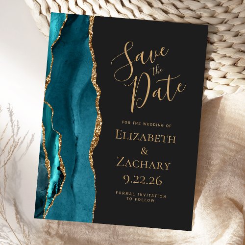 Modern Agate Teal Gold Dark Wedding Save the Date Announcement Postcard