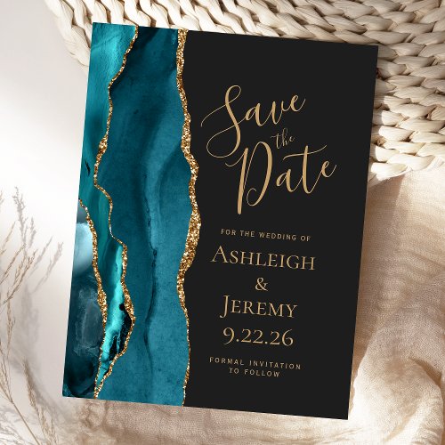 Modern Agate Teal Gold Dark Wedding Save the Date Postcard