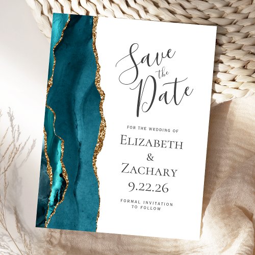 Modern Agate Teal Gold Wedding Save the Date Announcement Postcard