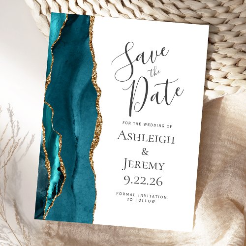 Modern Agate Teal Gold Wedding Save the Date Postcard