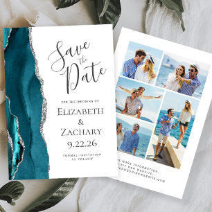 Modern Agate Teal Silver 5-Photo Save the Date Invitation