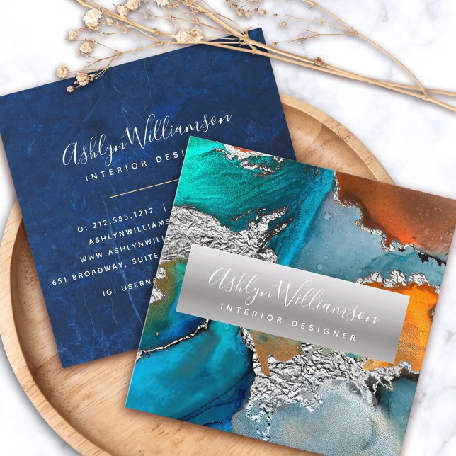 Modern agate watercolor silver turquoise script square business card (Creator Uploaded)