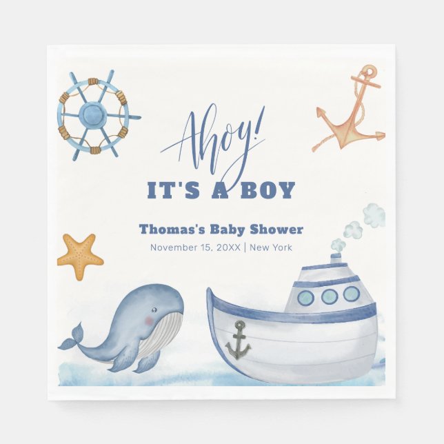 Modern Ahoy Boy Whale Sailboat Baby Shower  Napkins (Front)