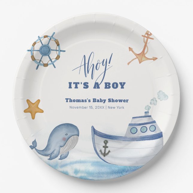 Modern Ahoy Boy Whale Sailboat Baby Shower  Paper Plates (Front)