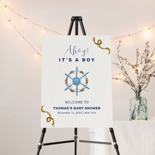 Modern Ahoy Nautical Boy Baby Shower Welcome Sign (In Situ (Stand))