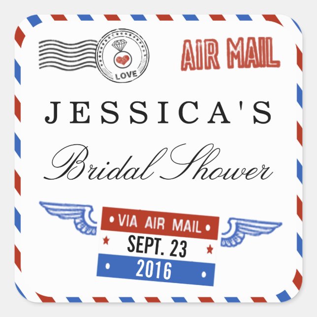 Modern Airmail Bridal Shower Favor Square Sticker (Front)