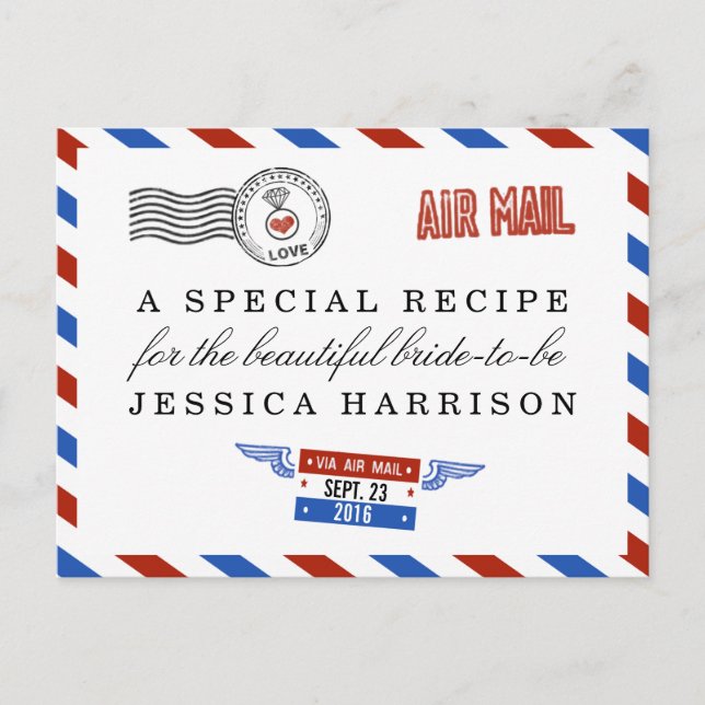 Modern Airmail Bridal Shower Recipe Cards (Front)