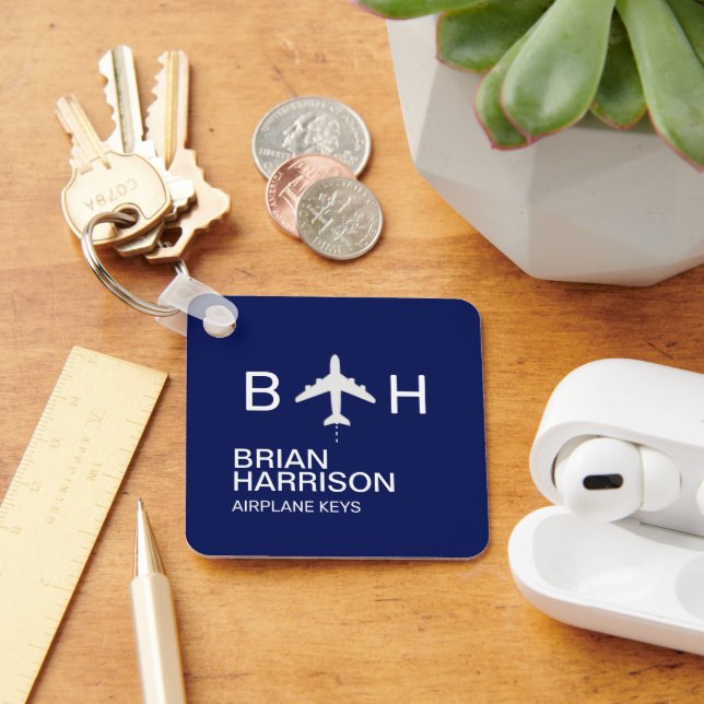Modern Airplane Monogram Blue Logo Keychain (Desk)