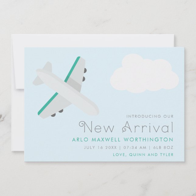 Modern Airplane New Arrival Baby Boy Photo Birth Announcement (Front)