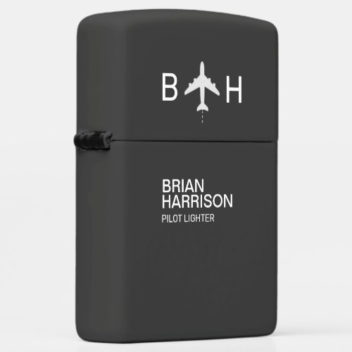 Modern Airplane Pilot Monogram Black Zippo Lighter