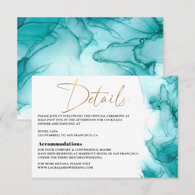 Modern Airy Blue Turquoise gold Wedding Enclosure  RSVP Card (Front/Back)
