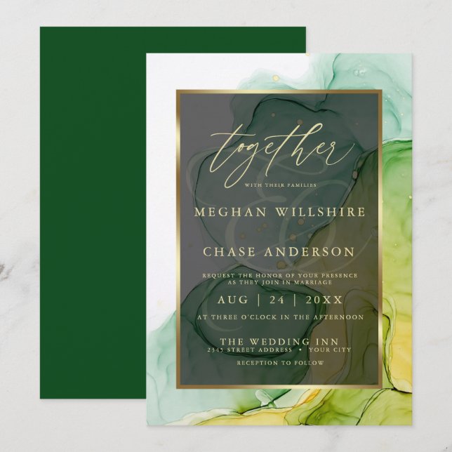 Modern Alcohol Ink Vibrant Greens and Golds Invitation (Front/Back)
