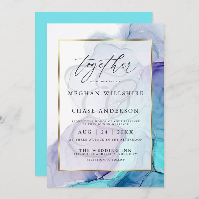 Modern Alcohol Ink Wedding Aqua Violet Invitation (Front/Back)