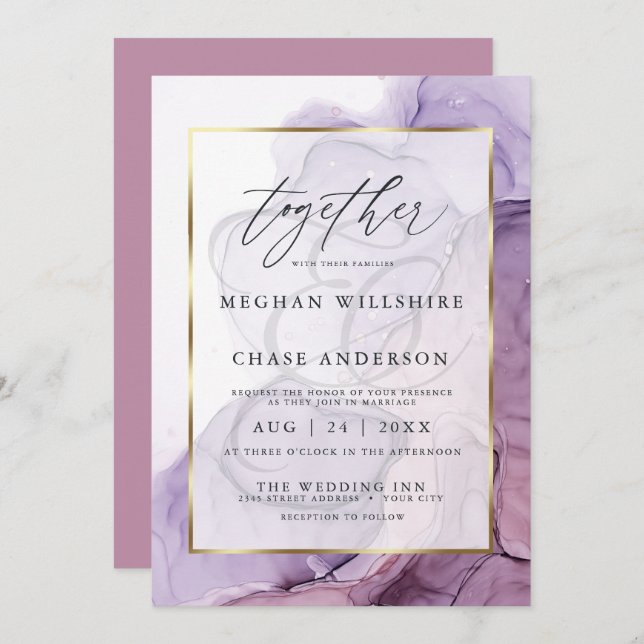 Modern Alcohol Ink Wedding Rose Plum  Invitation (Front/Back)