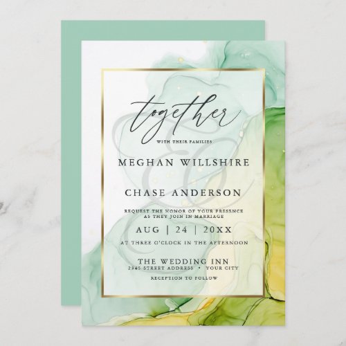 Modern Alcohol Ink Wedding Vibrant Greens and Gold Invitation