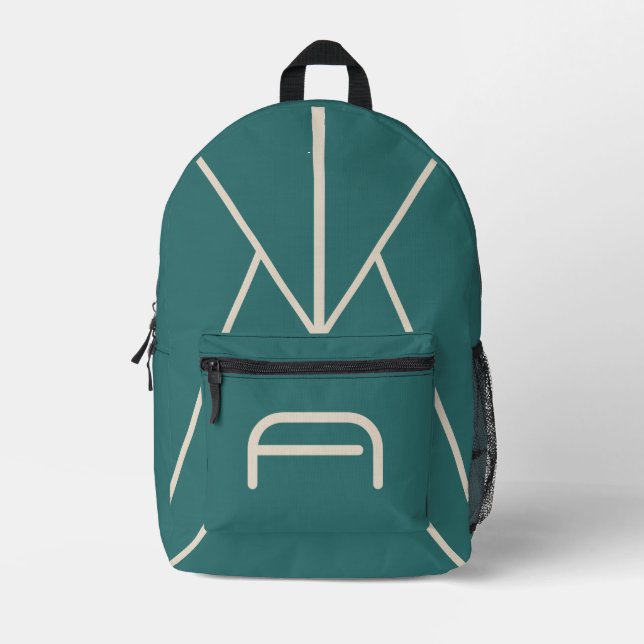 Modern Alexandrite Teal Geometric Monogram Printed Backpack (Front)