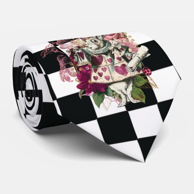 Modern Alice in Wonderland Rabbit Black and White Neck Tie (Rolled)