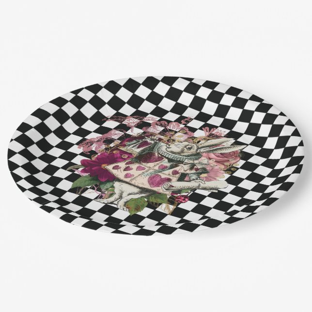 Modern Alice in Wonderland Rabbit Black White Paper Plates (Angled)