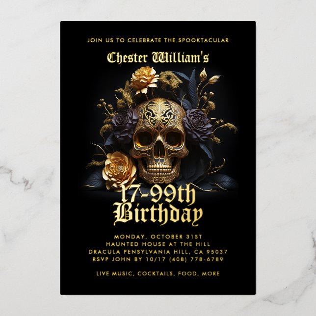 Modern All Ages 21-99th BIRTHDAY GOLD SKULL ROSE  Foil Invitation (Front)