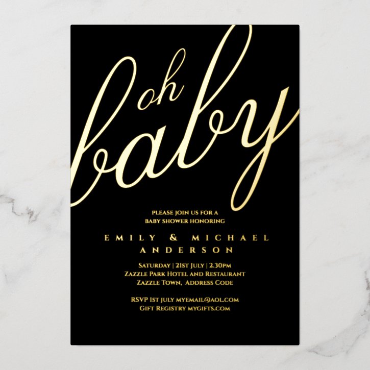 Modern All-in-1 GOLD FOIL Black BABY SHOWER  Foil Invitation