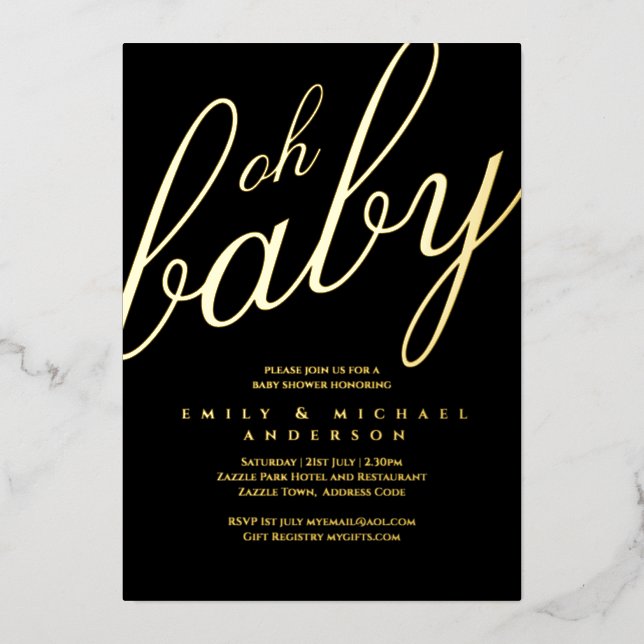 Modern All-in-1 GOLD FOIL Black BABY SHOWER  Foil Invitation (Front)