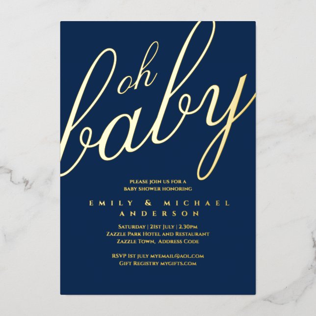 Modern All-in-1 GOLD FOIL Blue BABY SHOWER Invitation (Front)