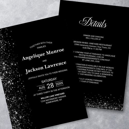 Modern All In One Black Glitter Wedding Invitation