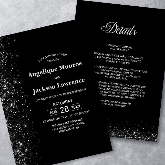 Modern All In One Black Glitter Wedding Invitation (Creator Uploaded)